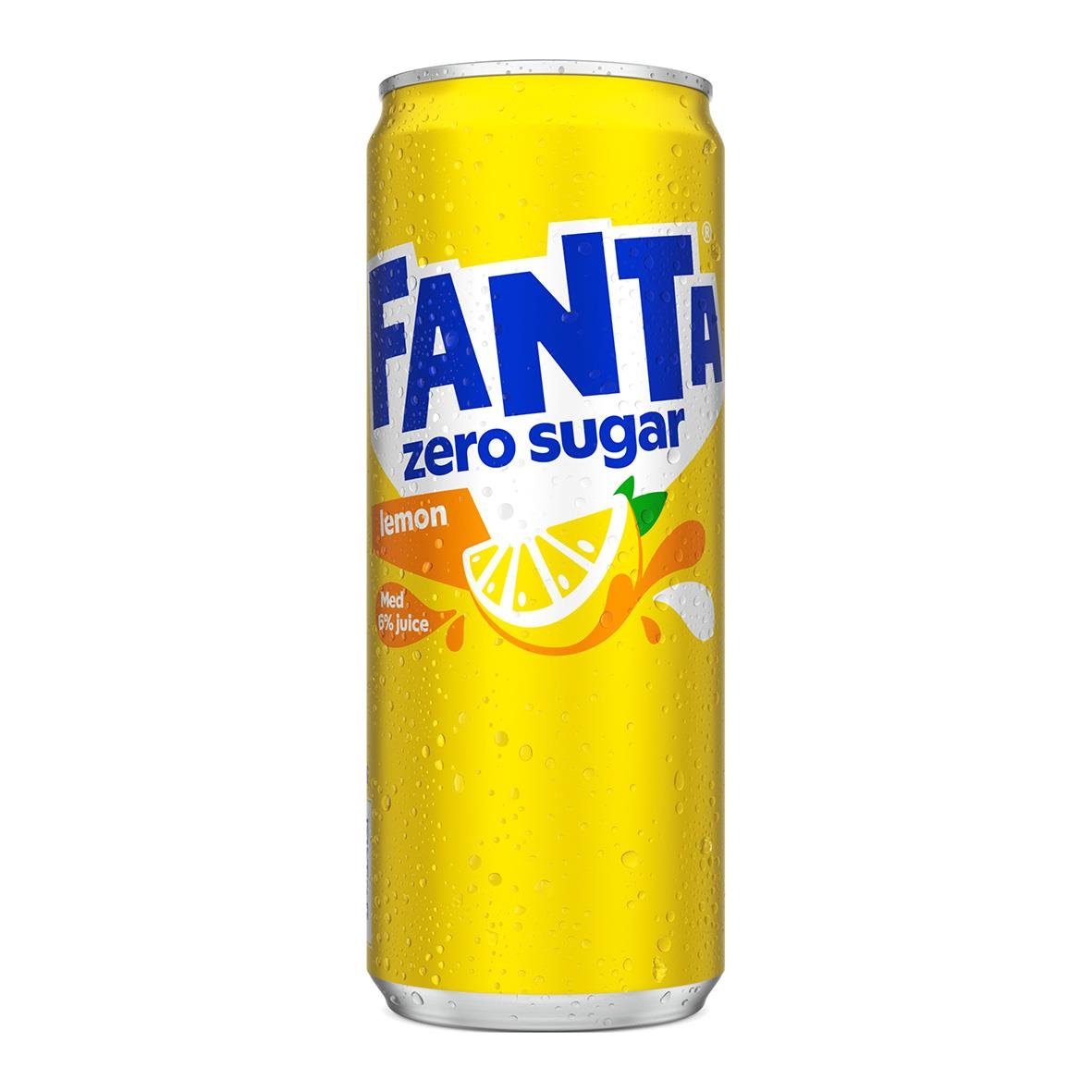 Läsk Fanta Zero Lemon 33cl burk med citron och lemonaddesign