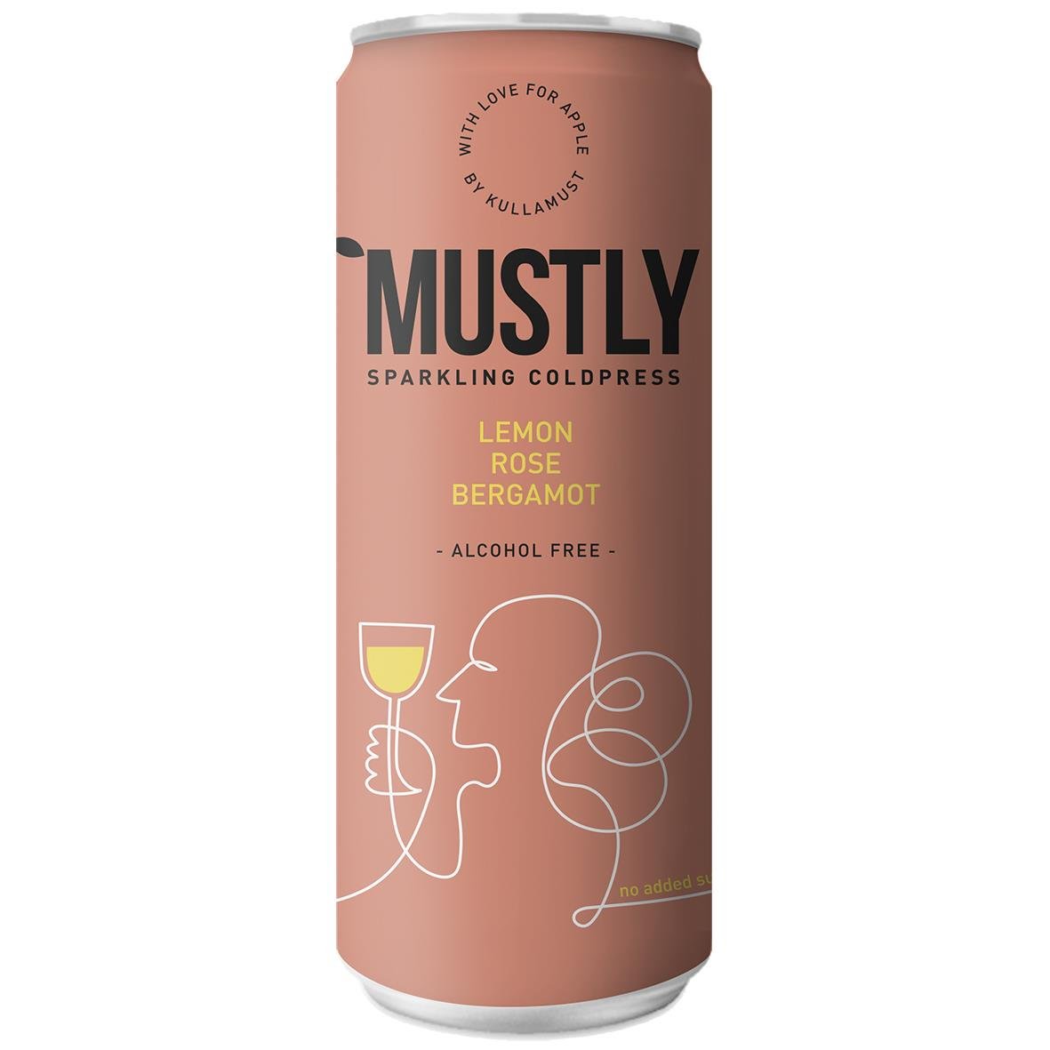 Mustly Lemon Rose alkoholfri dryck i 33cl burk med illustration av ett glas och en person