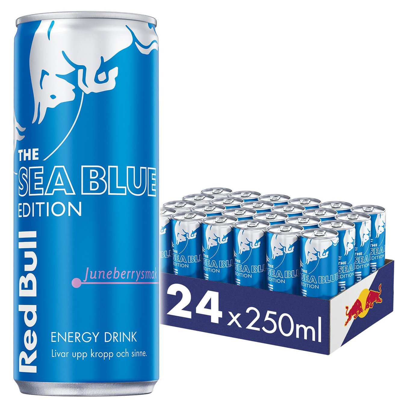 Energidryck Red Bull Sea Blue Juneberry 25cl, 24-pack, blå och silver burkar