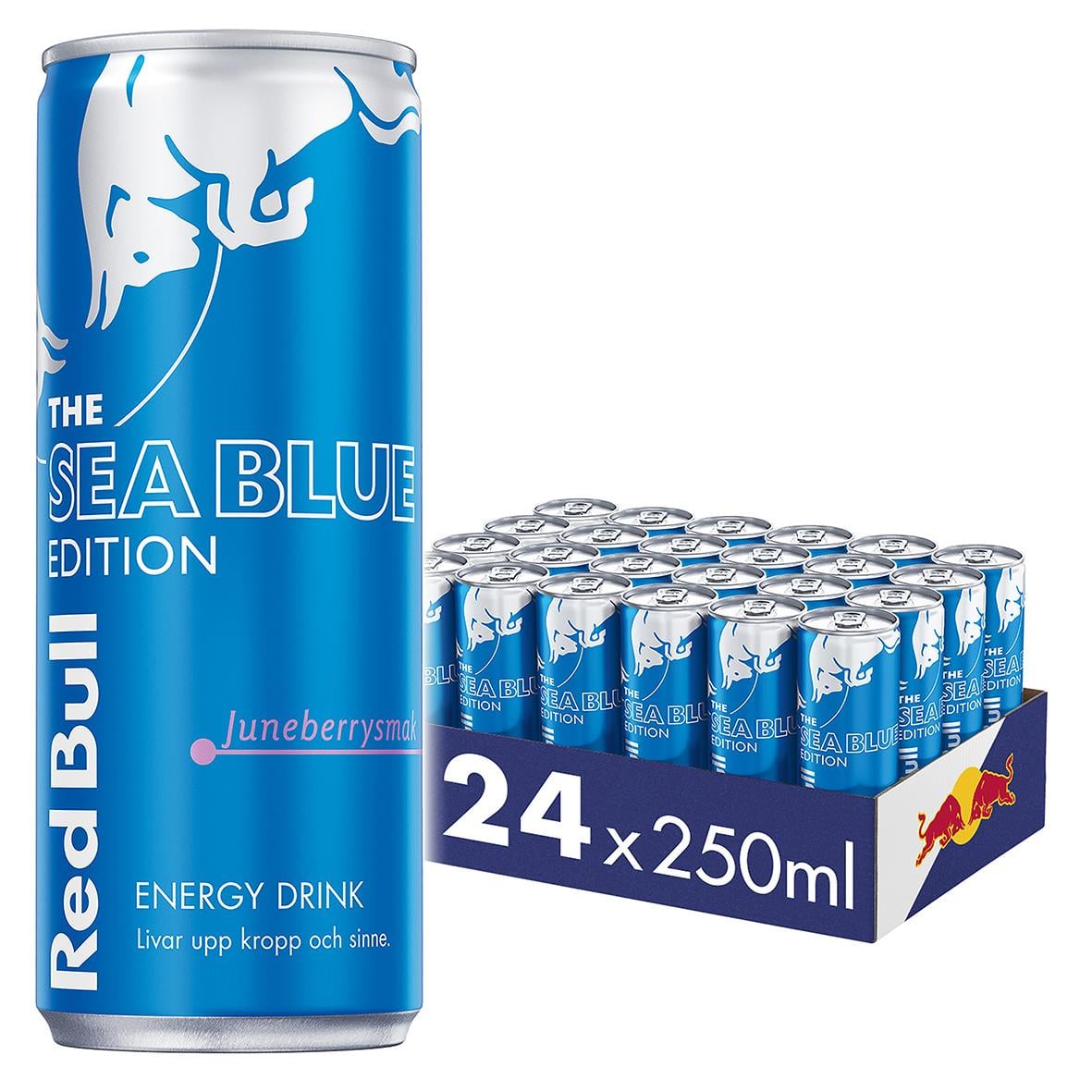 Energidryck Red Bull Sea Blue Juneberry 25cl, 24-pack, blå och silver burkar