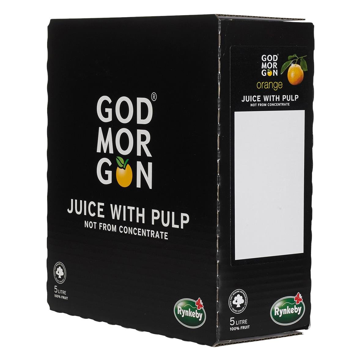 Svart förpackning av Juice God Morgon Apelsin 5L med vitt och grönt text och bild av apelsin