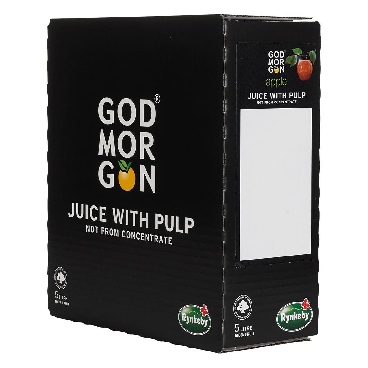 Svart förpackning av Juice God Morgon Äpple 5L med grönt och vitt text och bild av äpple