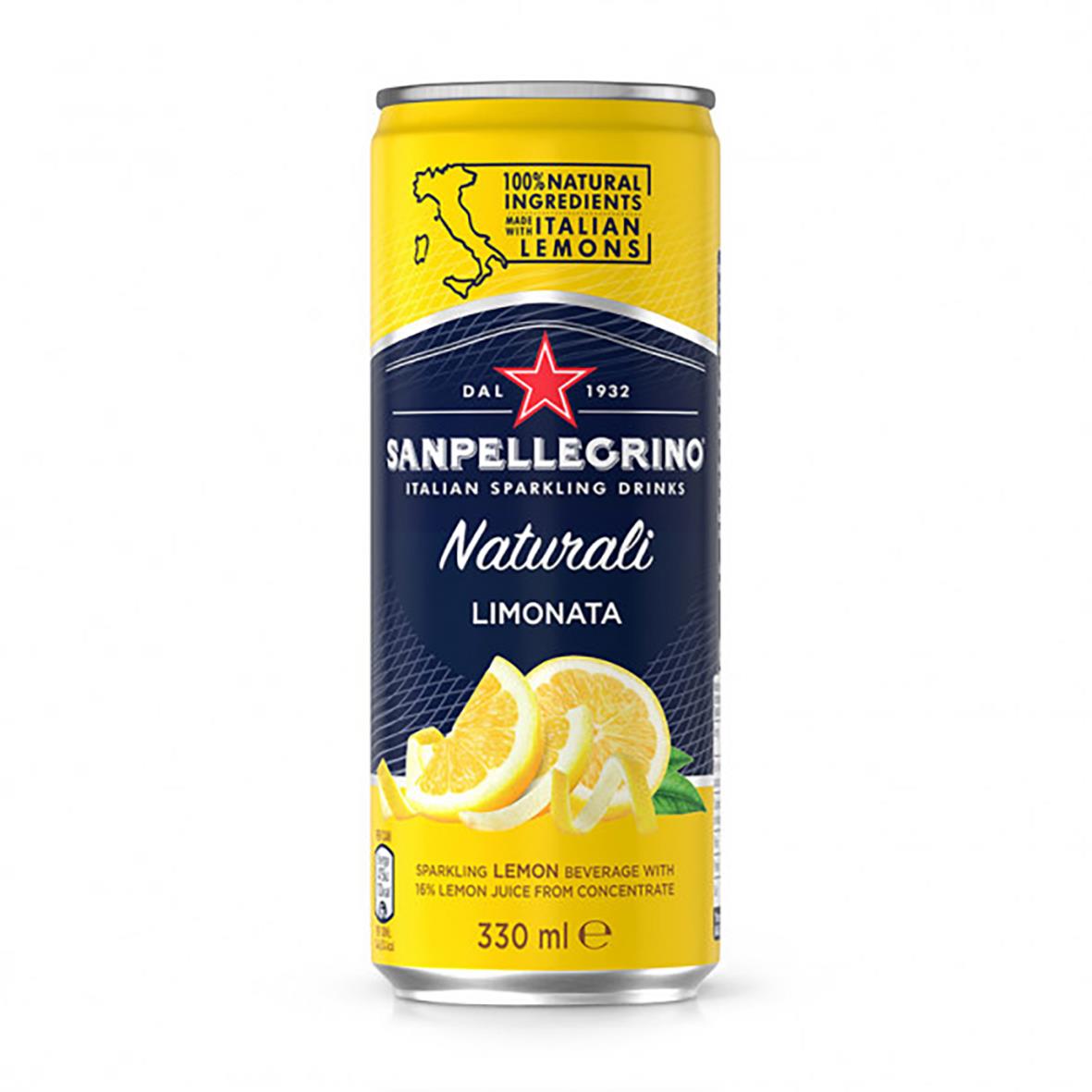 Kolsyrad San Pellegrino Limonata 33cl burk med citrussmak och citronskivor
