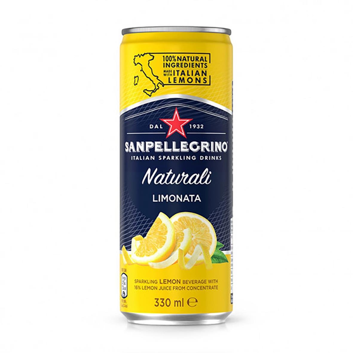 Kolsyrad San Pellegrino Limonata 33cl burk med citrussmak och citronskivor