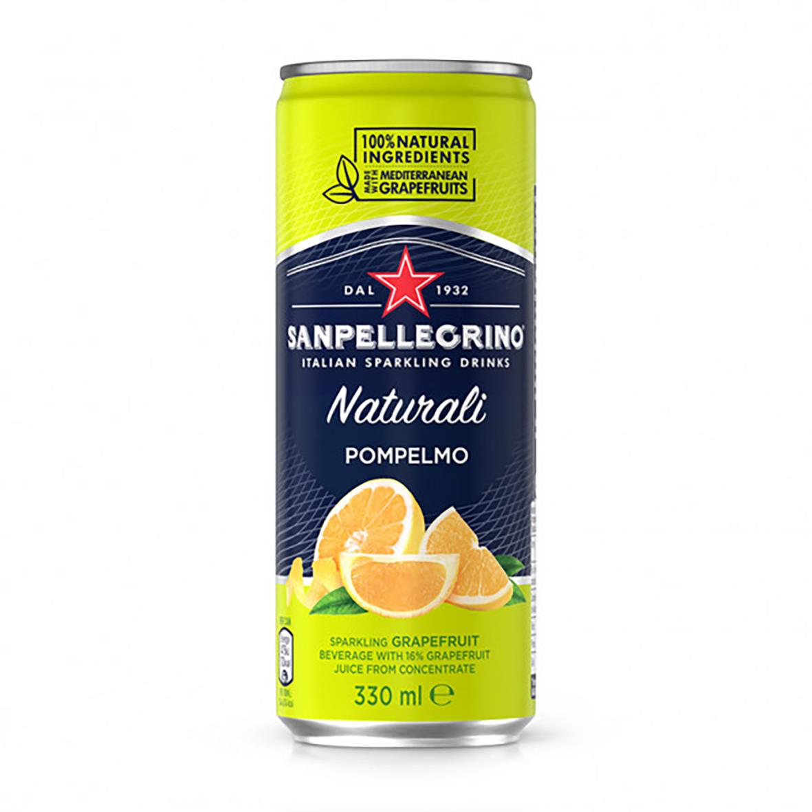 Kolsyrad San Pellegrino Pompelmo 33cl med citrusfrukter på förpackningen