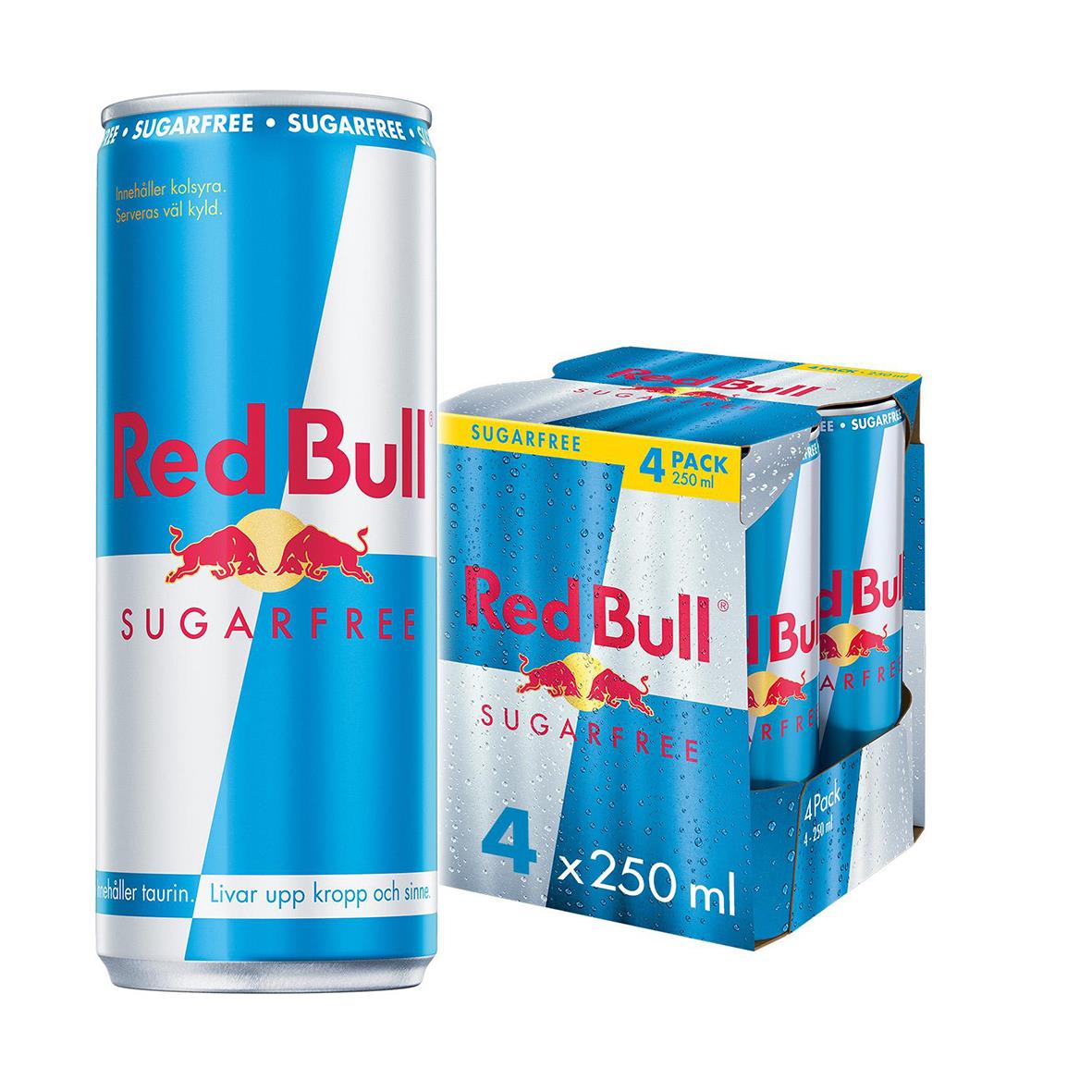 Energidryck Red Bull Sockerfri 25cl inklusive pant, 4-pack 250ml burkar