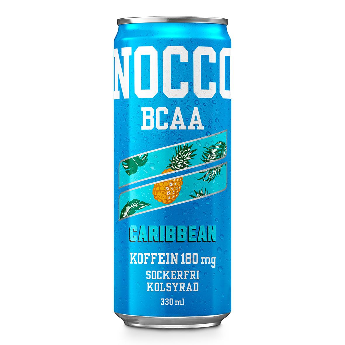 Energidryck Nocco BCAA Caribbean 33cl med ananas och palmblad, koffein 180 mg, sockerfri, kolsyrad