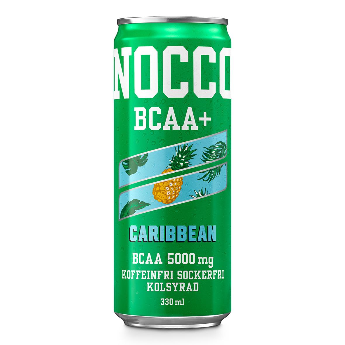 Energidryck Nocco BCAA+ Caribbean smak, 33cl, koffeinfri, grön burk med ananas och palmblad
