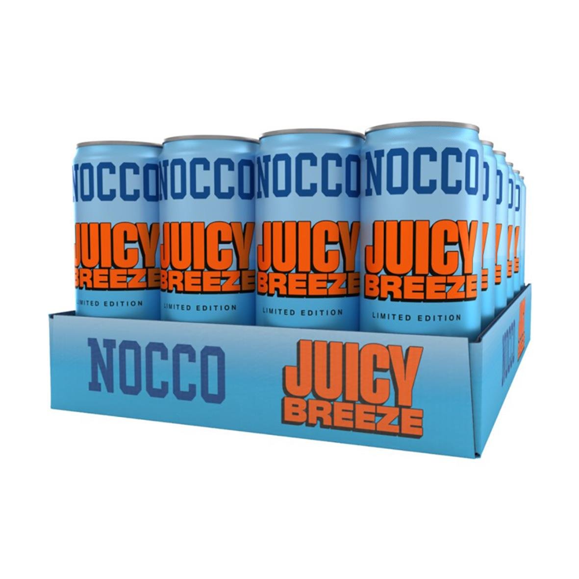 Energidryck Nocco Juicy Breeze 33cl inklusive pant med blå burk och orange text