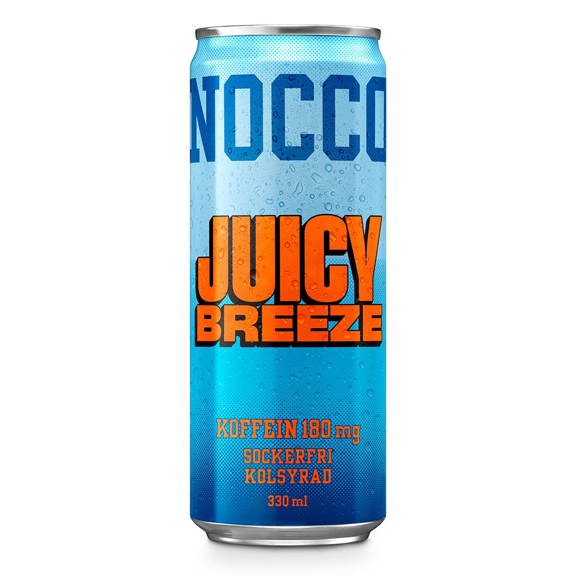 Energidryck Nocco Juicy Breeze 33cl inklusive pant med blå burk och orange text