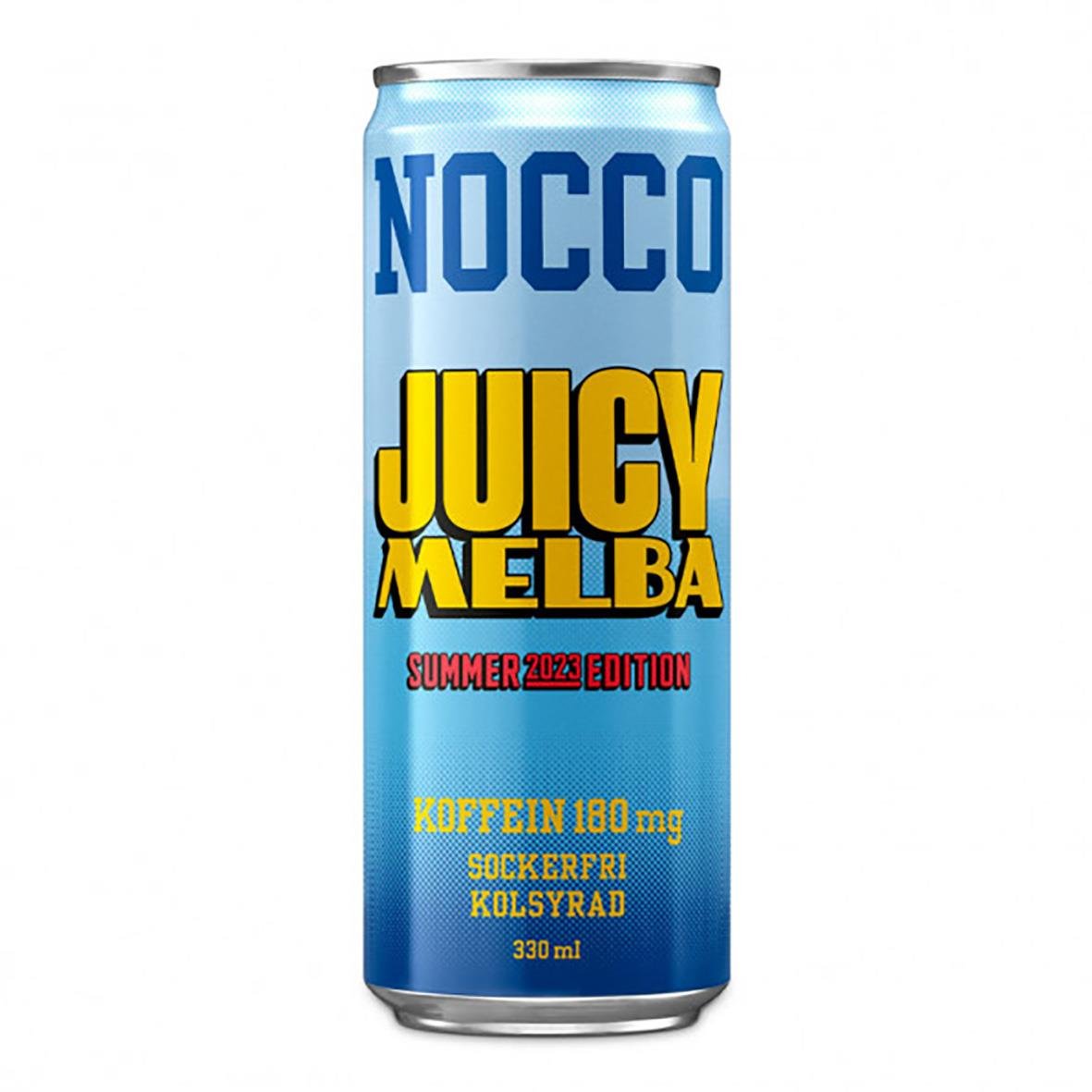 Energidryck Nocco Juicy Melba 33cl inklusive pant, blå burk med gul och svart text