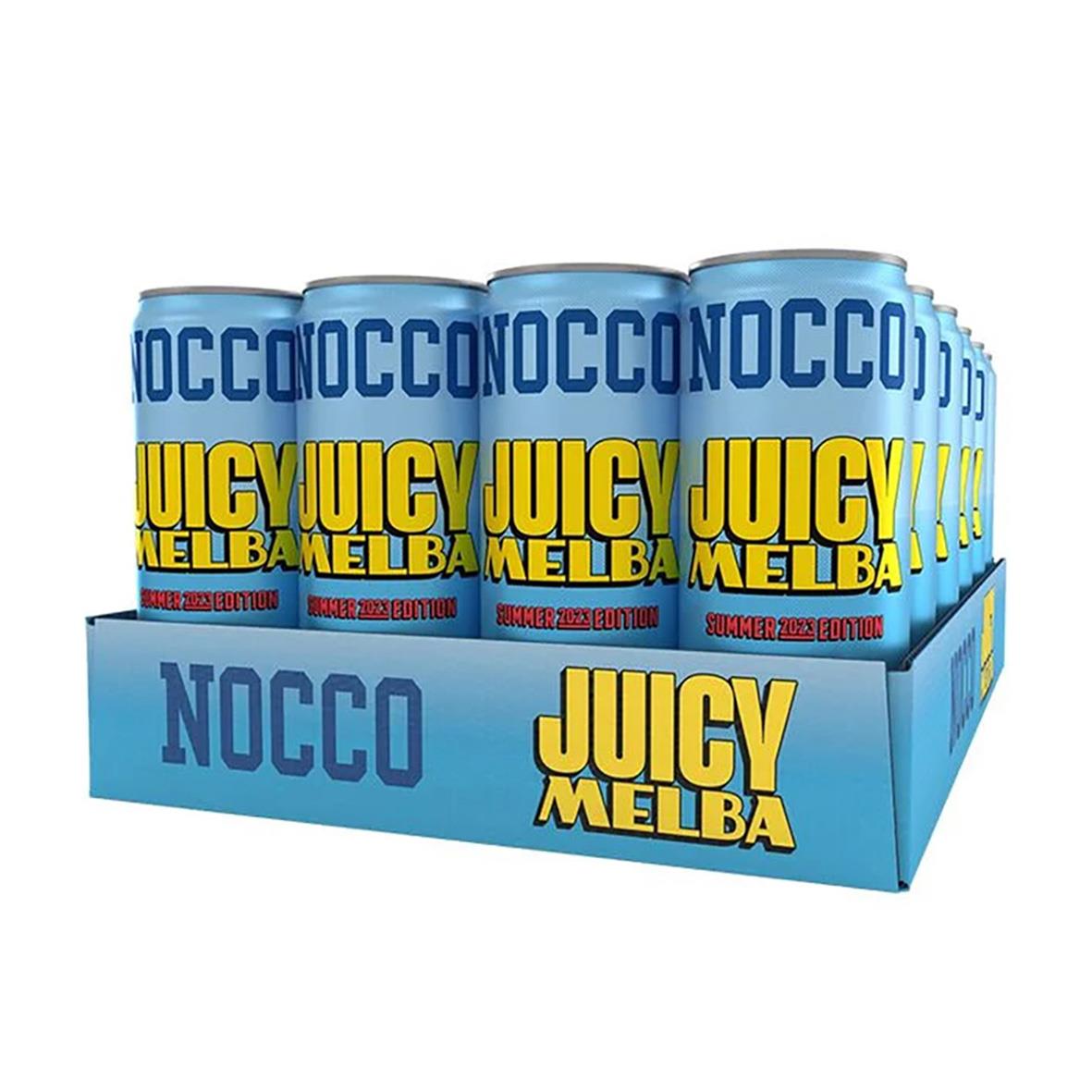 Energidryck Nocco Juicy Melba 33cl inklusive pant, blå burk med gul och svart text