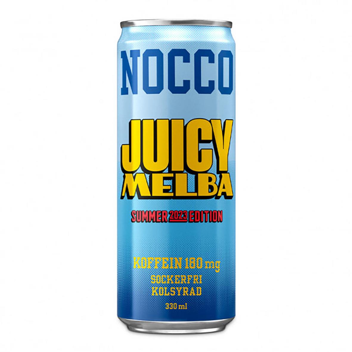 Energidryck Nocco Juicy Melba 33cl inklusive pant, blå burk med gul och svart text