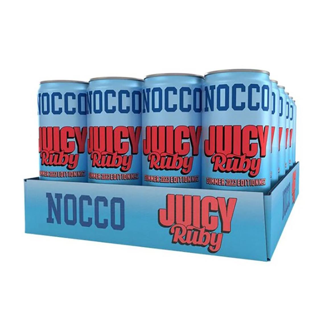 Energidryck Nocco Juicy Ruby 33cl inklusive pant, blå burk med röd text