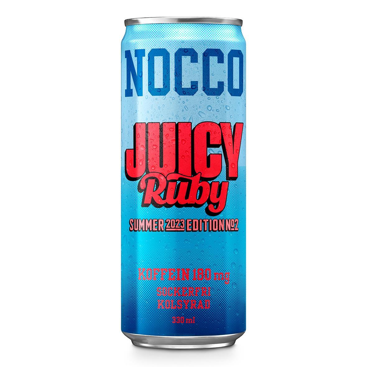 Energidryck Nocco Juicy Ruby 33cl inklusive pant, blå burk med röd text