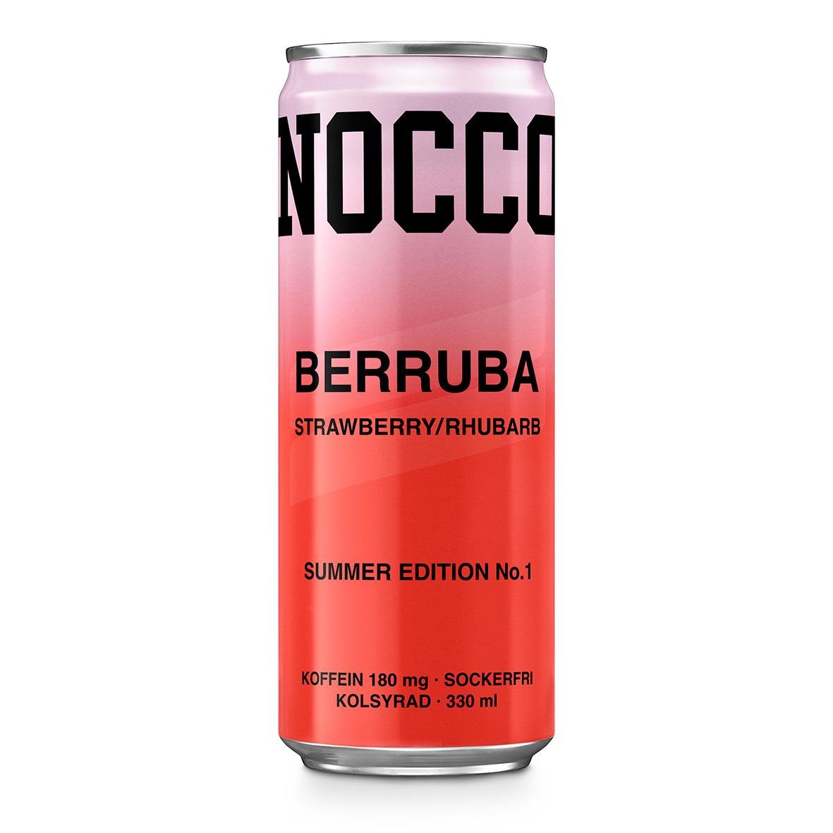 Energidryck Nocco BCAA Berruba 33cl med smak av jordgubb och rabarber, inklusive pant