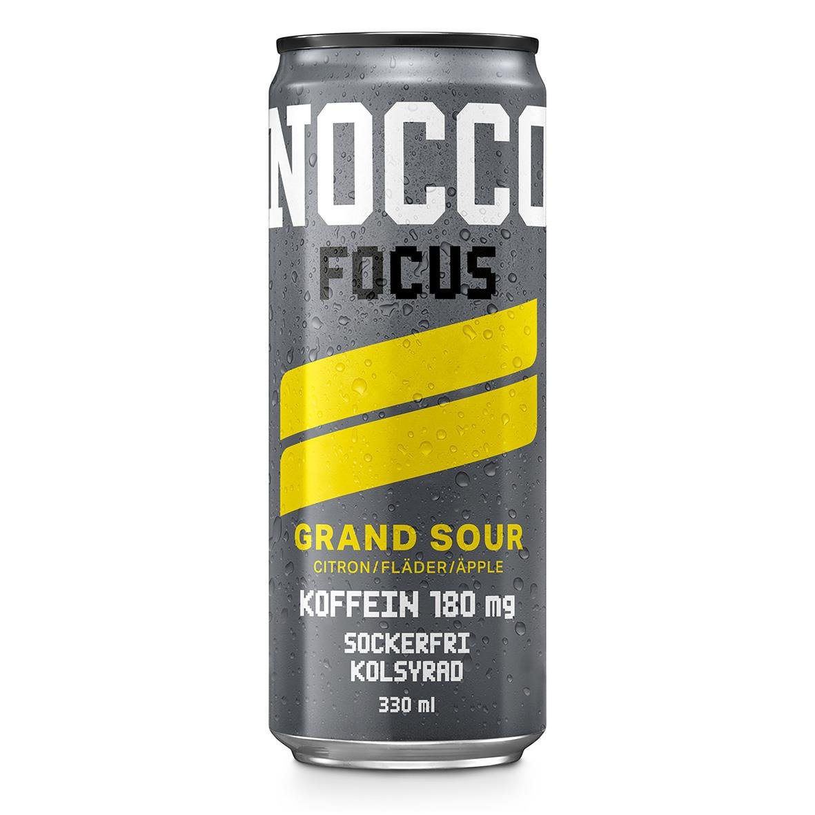 Energidryck Nocco Grand Sour 33cl med citron, fläder och äpple, innehåller koffein och socker