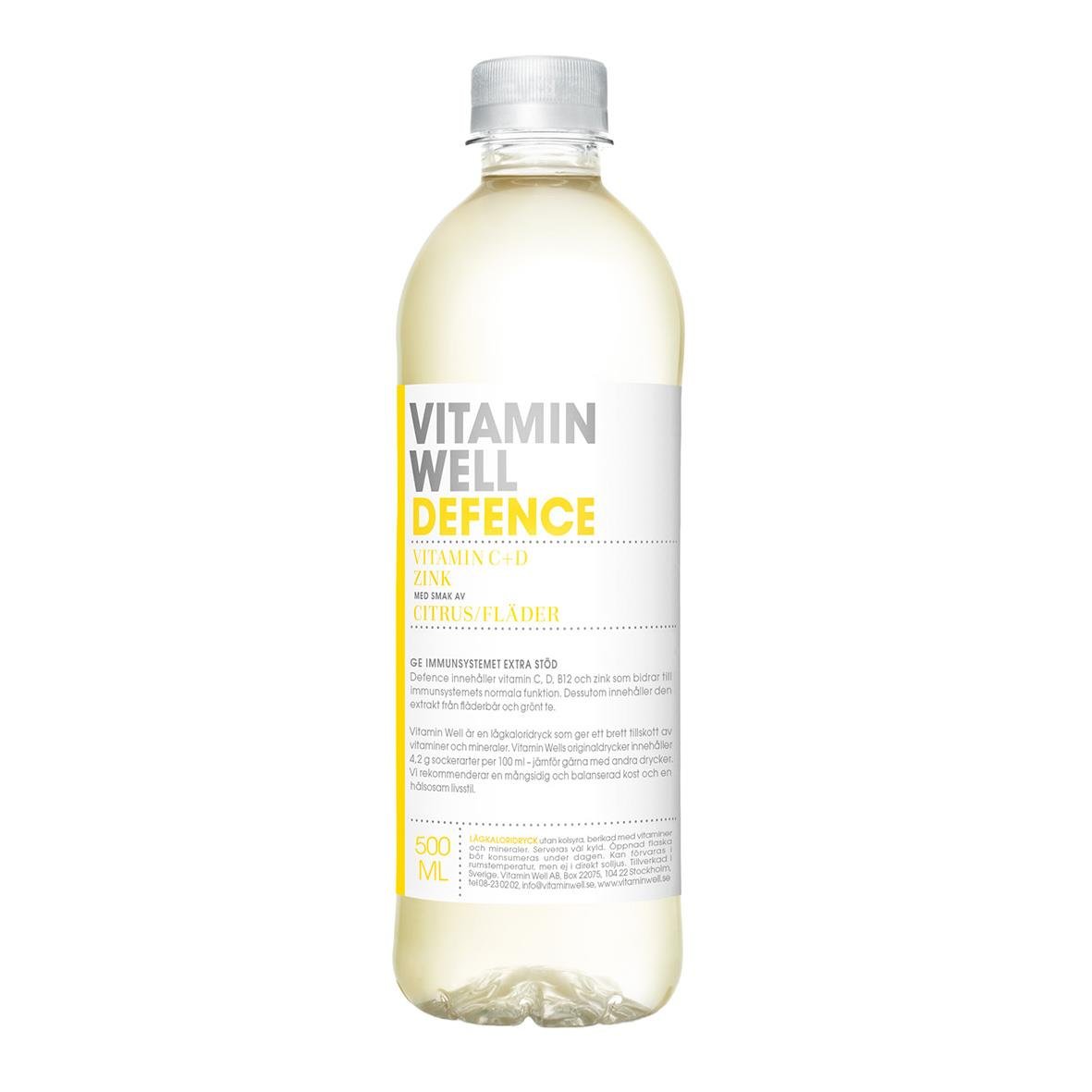 Vitamin Well Defence dryck i 50cl flaska med vitt lock och etikett