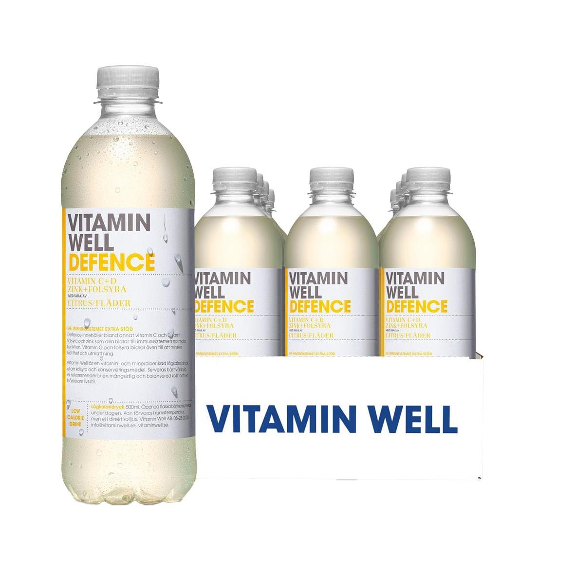 Vitamin Well Defence dryck i 50cl flaska med vitt lock och etikett