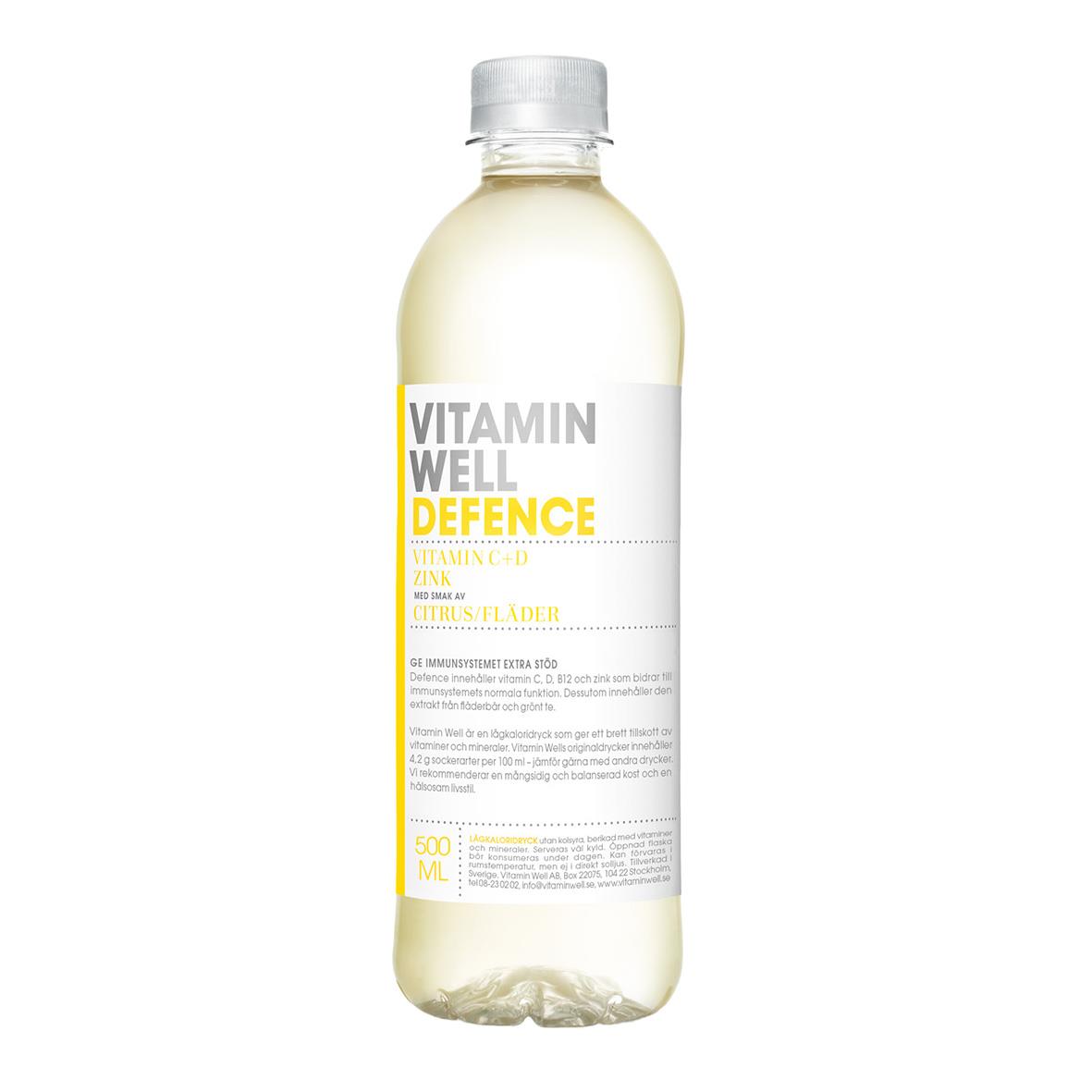 Vitamin Well Defence dryck i 50cl flaska med vitt lock och etikett
