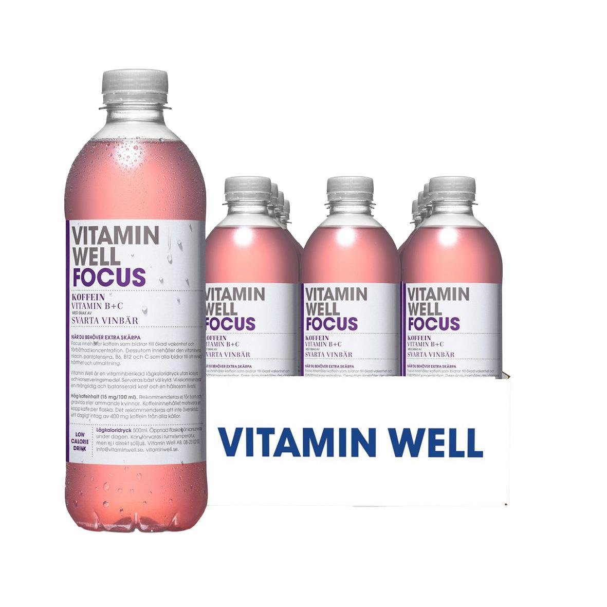 Vitamin Well Focus dryck i 50cl flaska med rosa färg och vit etikett