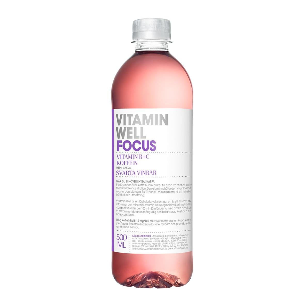 Vitamin Well Focus dryck i 50cl flaska med rosa färg och vit etikett