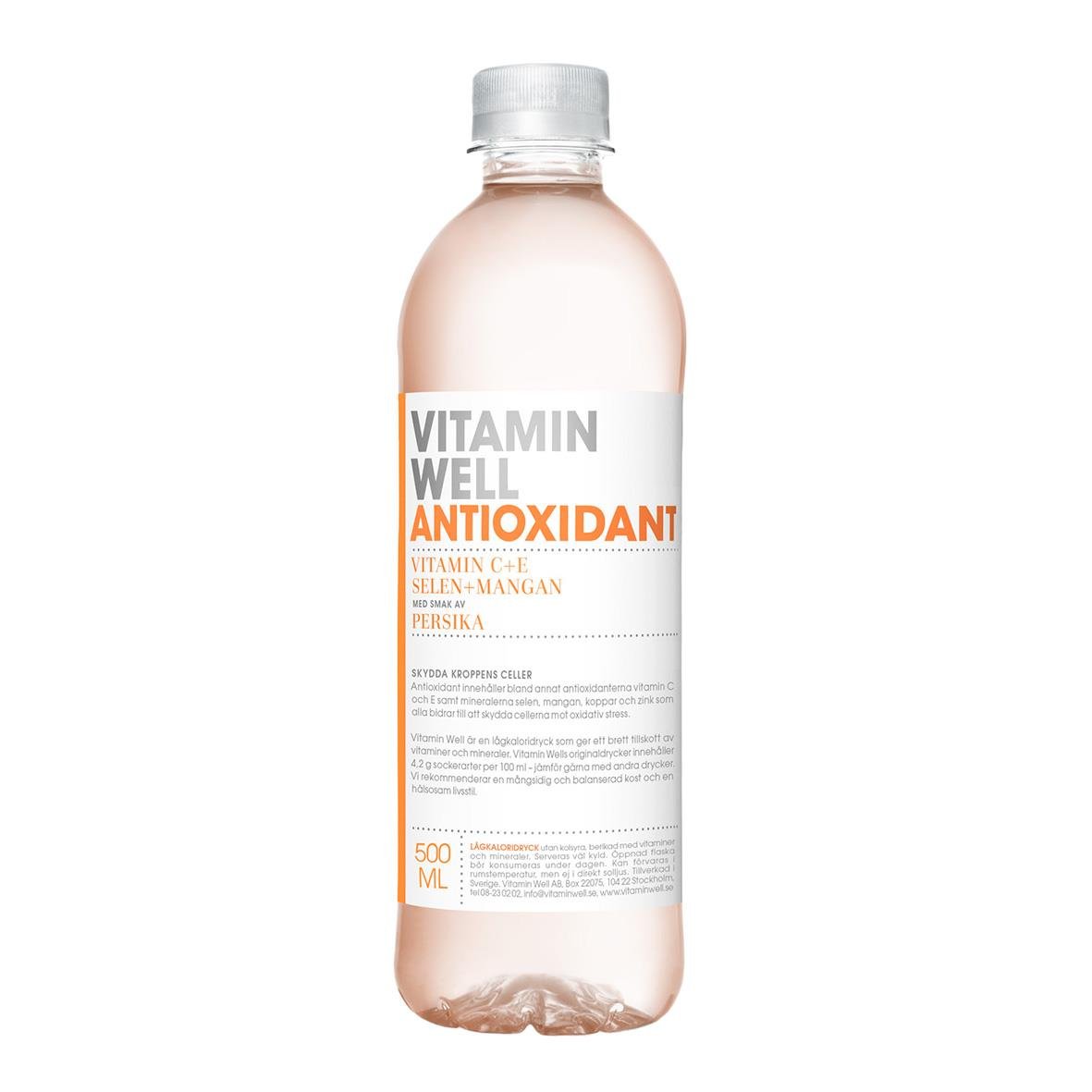 Vitamin Well Antioxidant dryck i 50cl flaska med vitt och orange etikett inklusive pant