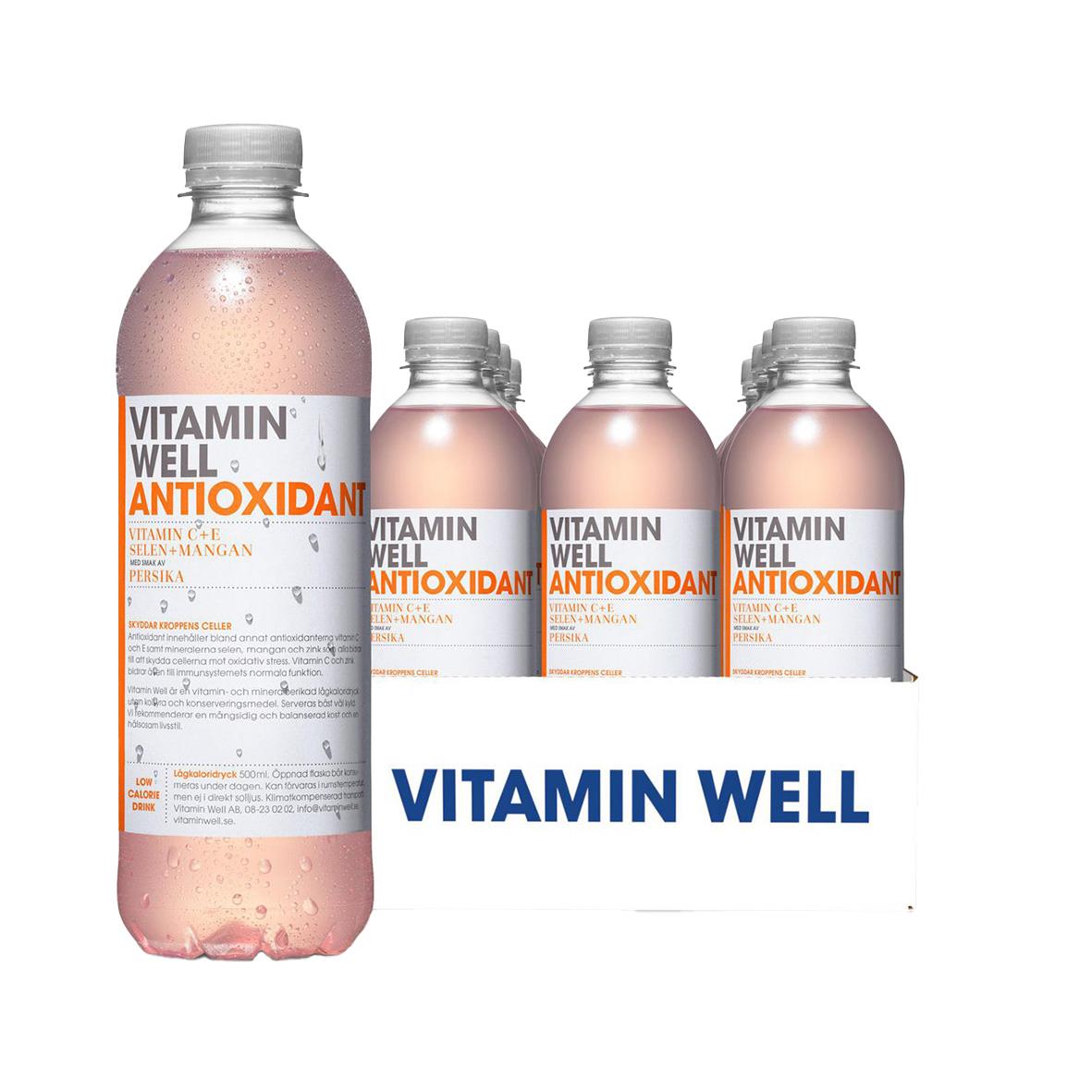 Vitamin Well Antioxidant dryck i 50cl flaska med vitt och orange etikett inklusive pant