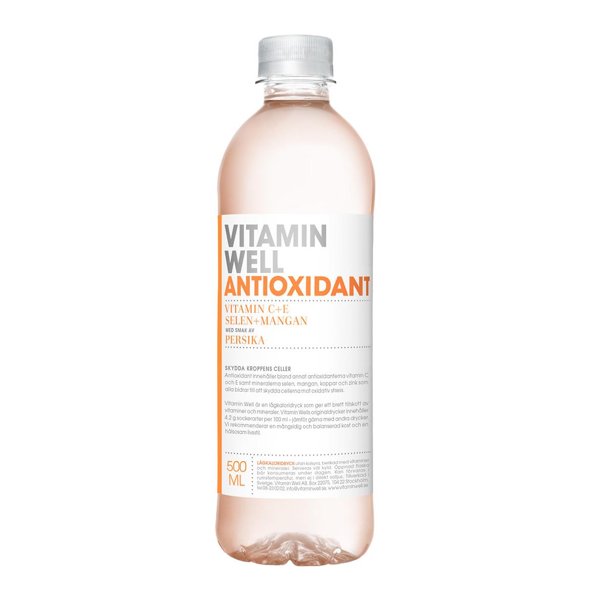 Vitamin Well Antioxidant dryck i 50cl flaska med text och transparent rosa färg