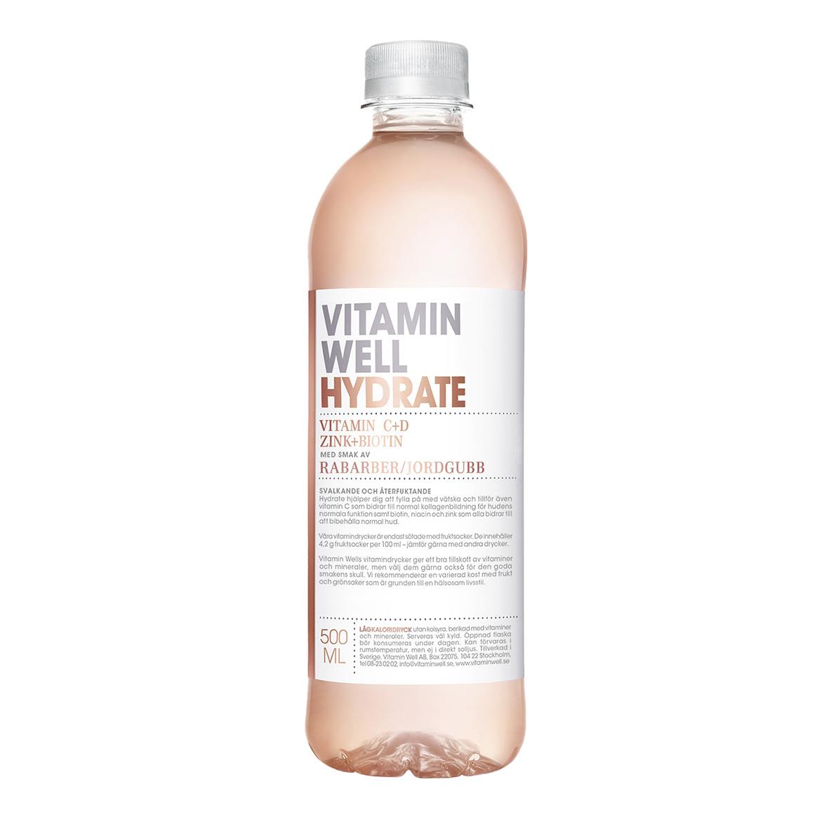Vitamin Well Hydrate dryck i 50cl flaska med etikett och kapsyl