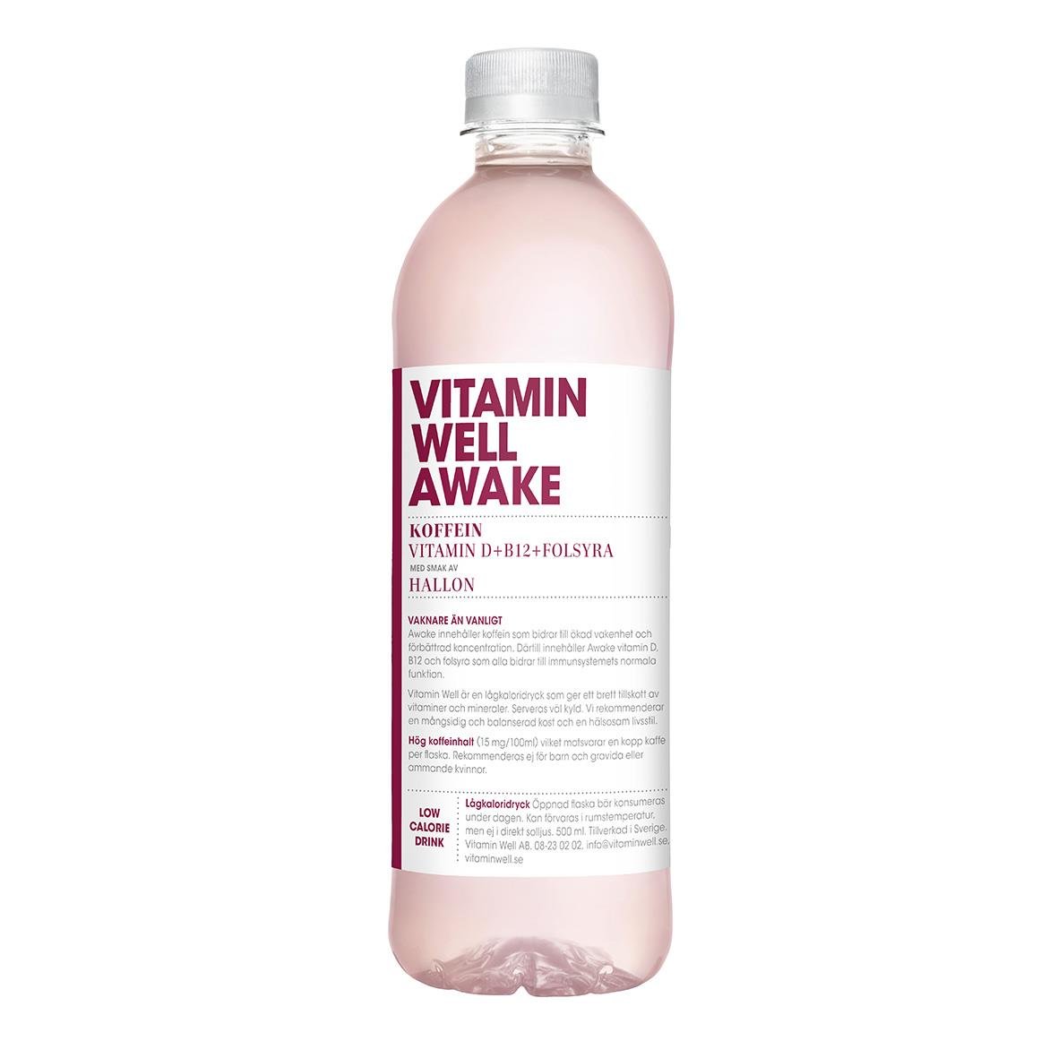 Vitamin Well Awake dryck i 50cl flaska med rosa färg och etikett