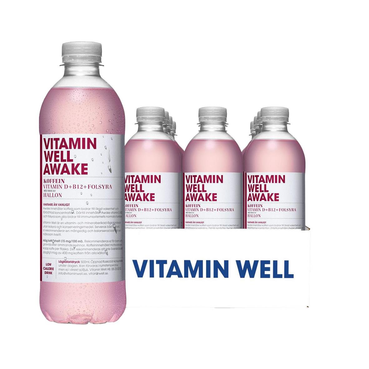 Vitamin Well Awake dryck i 50cl flaska med rosa färg och etikett