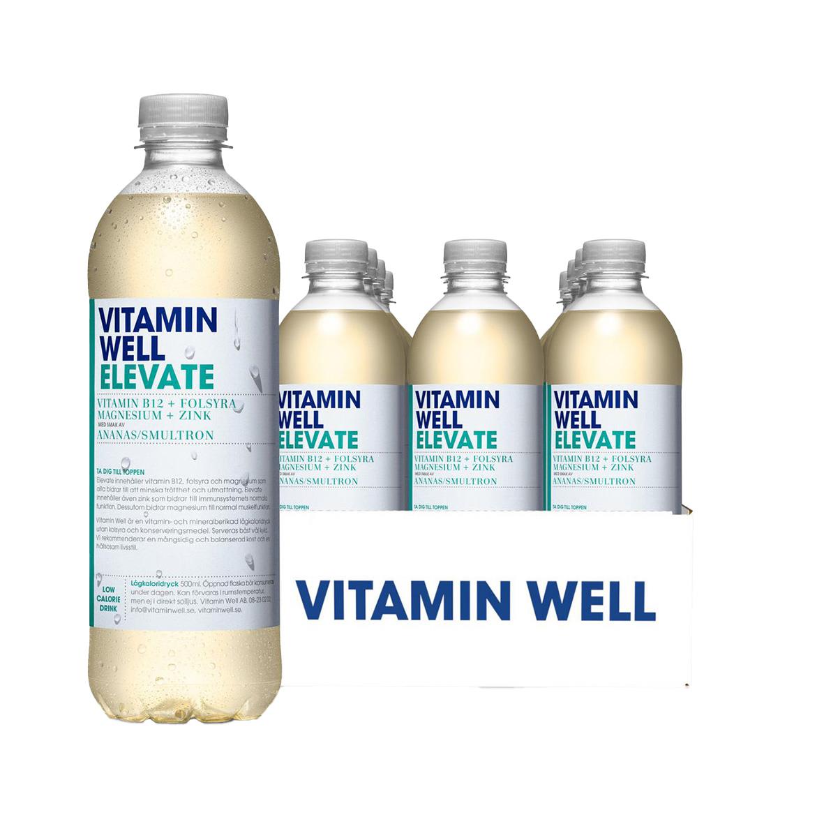 Vitamin Well Elevate dryck i 50cl flaska med vitt lock och blå etikett