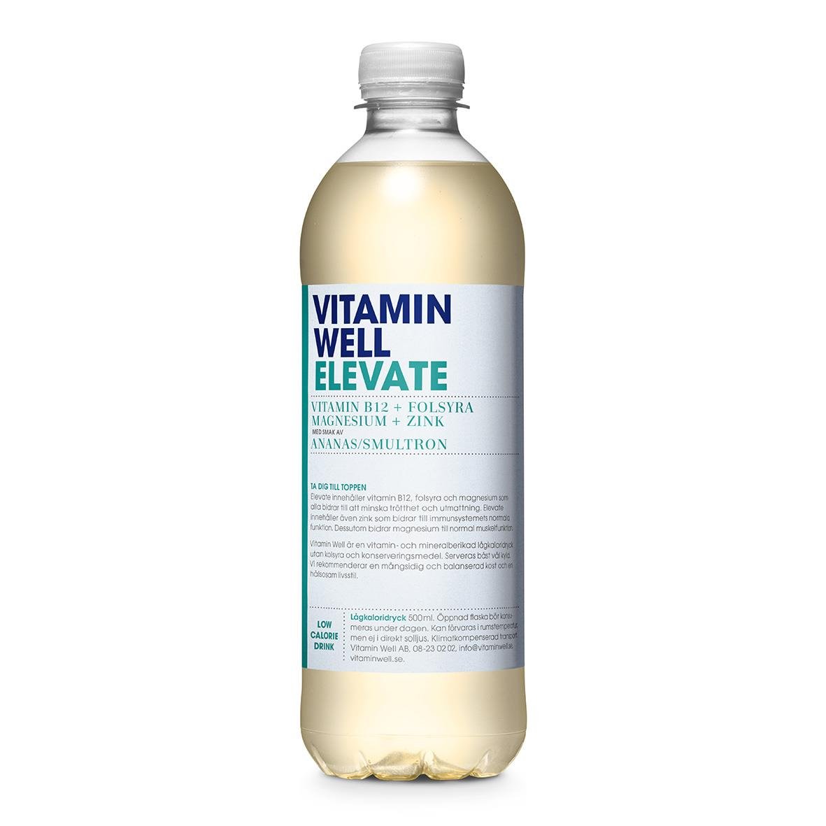 Vitamin Well Elevate dryck i 50cl flaska med vitt lock och blå etikett