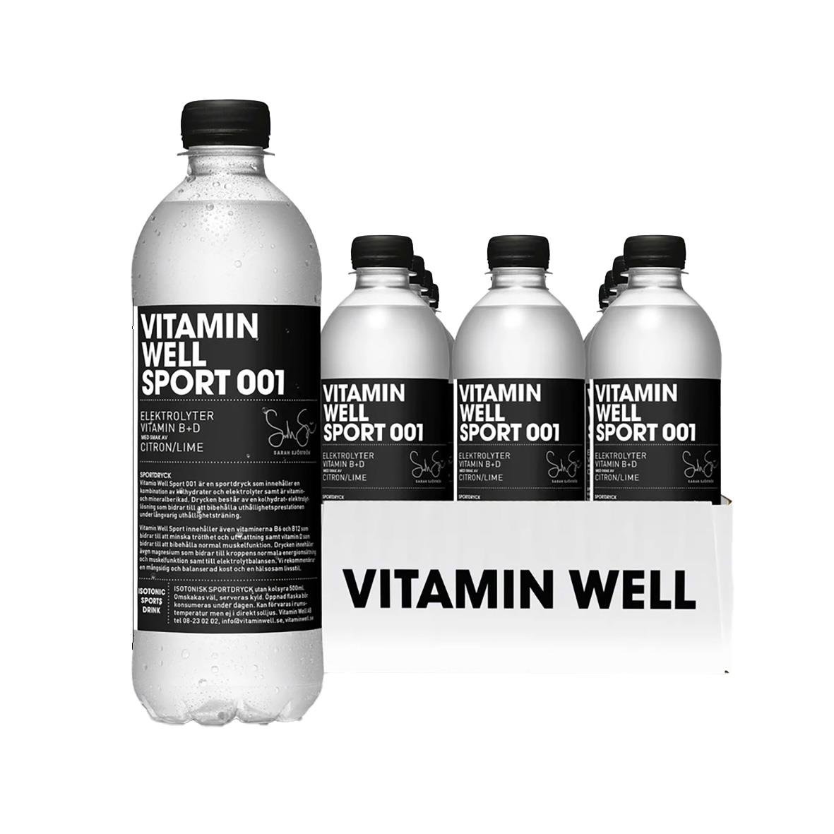Vitamin Well Sport 001 dryck i 50cl flaska med svart och vit etikett inklusive pant
