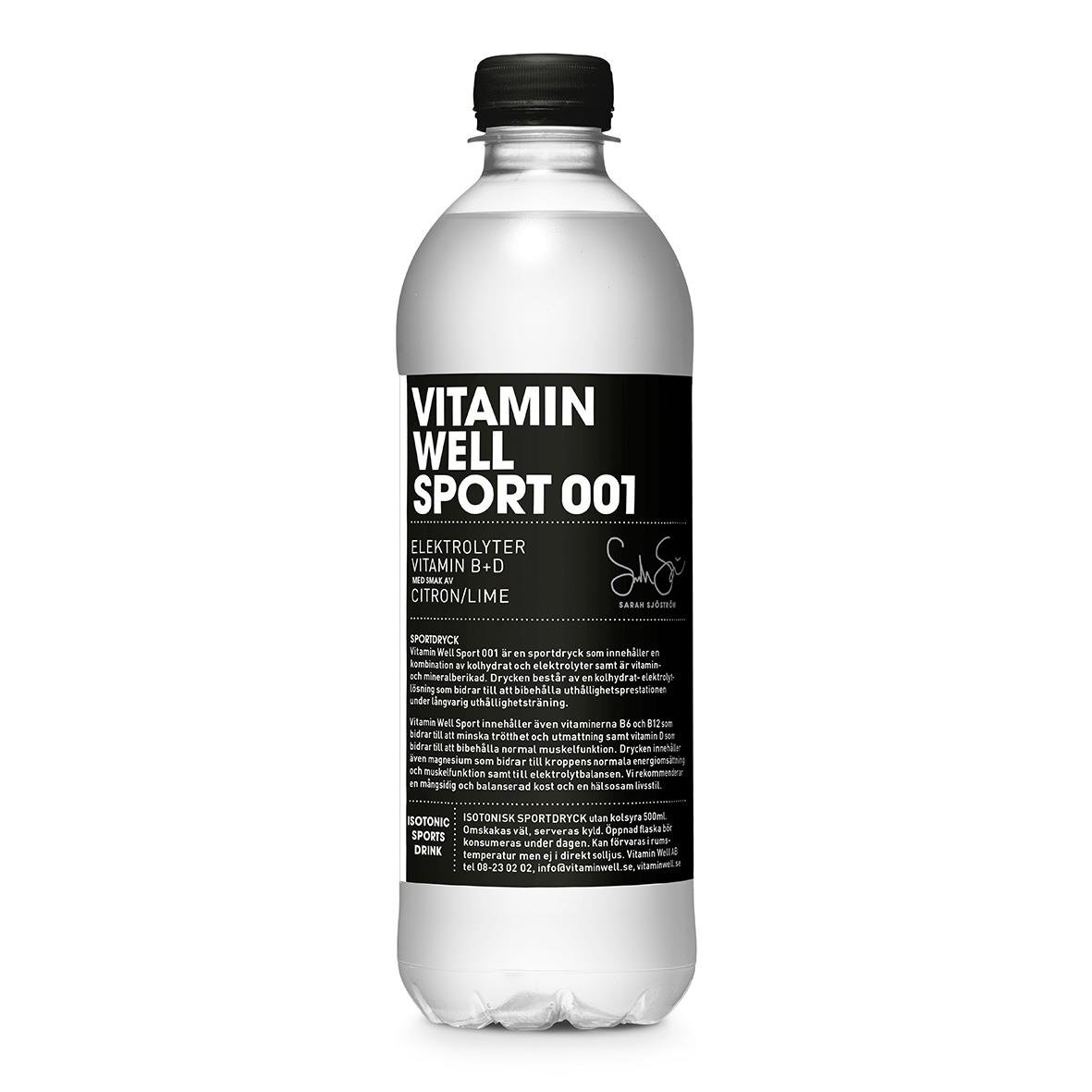 Vitamin Well Sport 001 dryck i 50cl flaska med svart och vit etikett inklusive pant