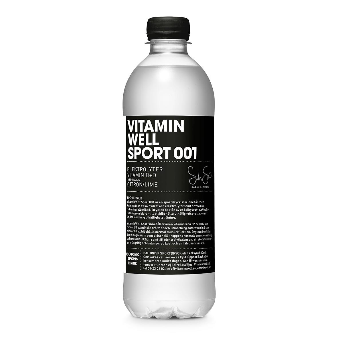 Vitamin Well Sport 001 dryck i 50cl flaska med svart och vit etikett inklusive pant