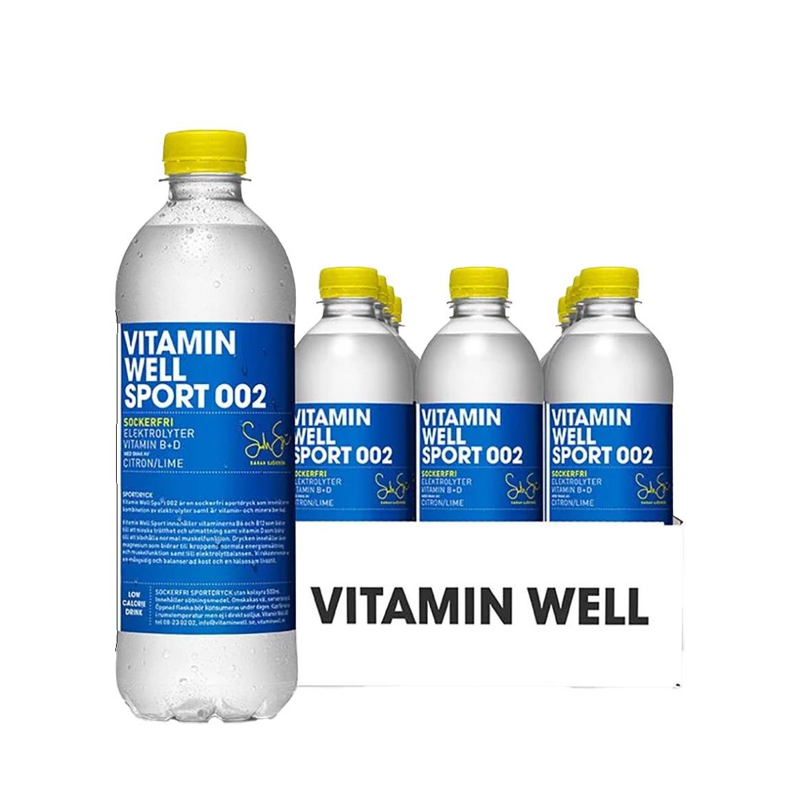 Vitamin Well Sport 002 dryck i 50cl flaska med gul kork, innehåller vitaminer och elektrolyter