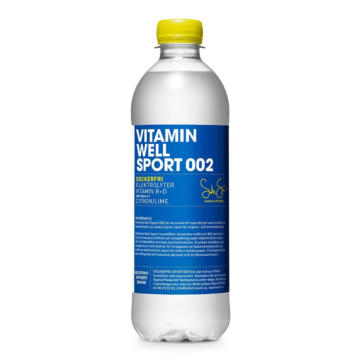 Vitamin Well Sport 002 dryck i 50cl flaska med gul kork, innehåller vitaminer och elektrolyter