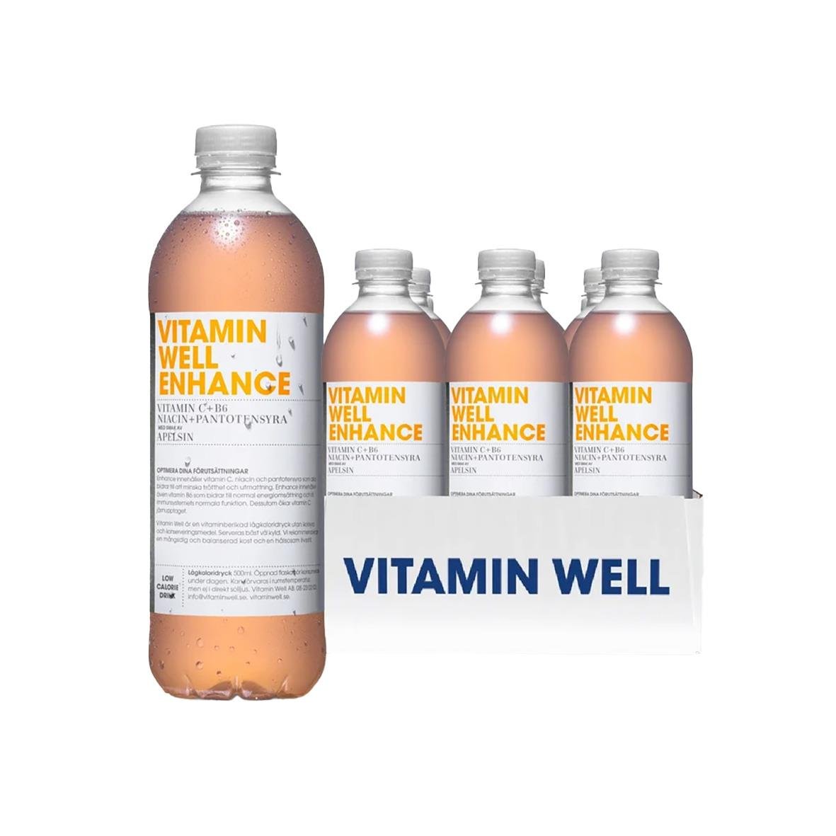 Vitamin Well Enhance dryck i 50cl flaska med etikett och vit kapsyl