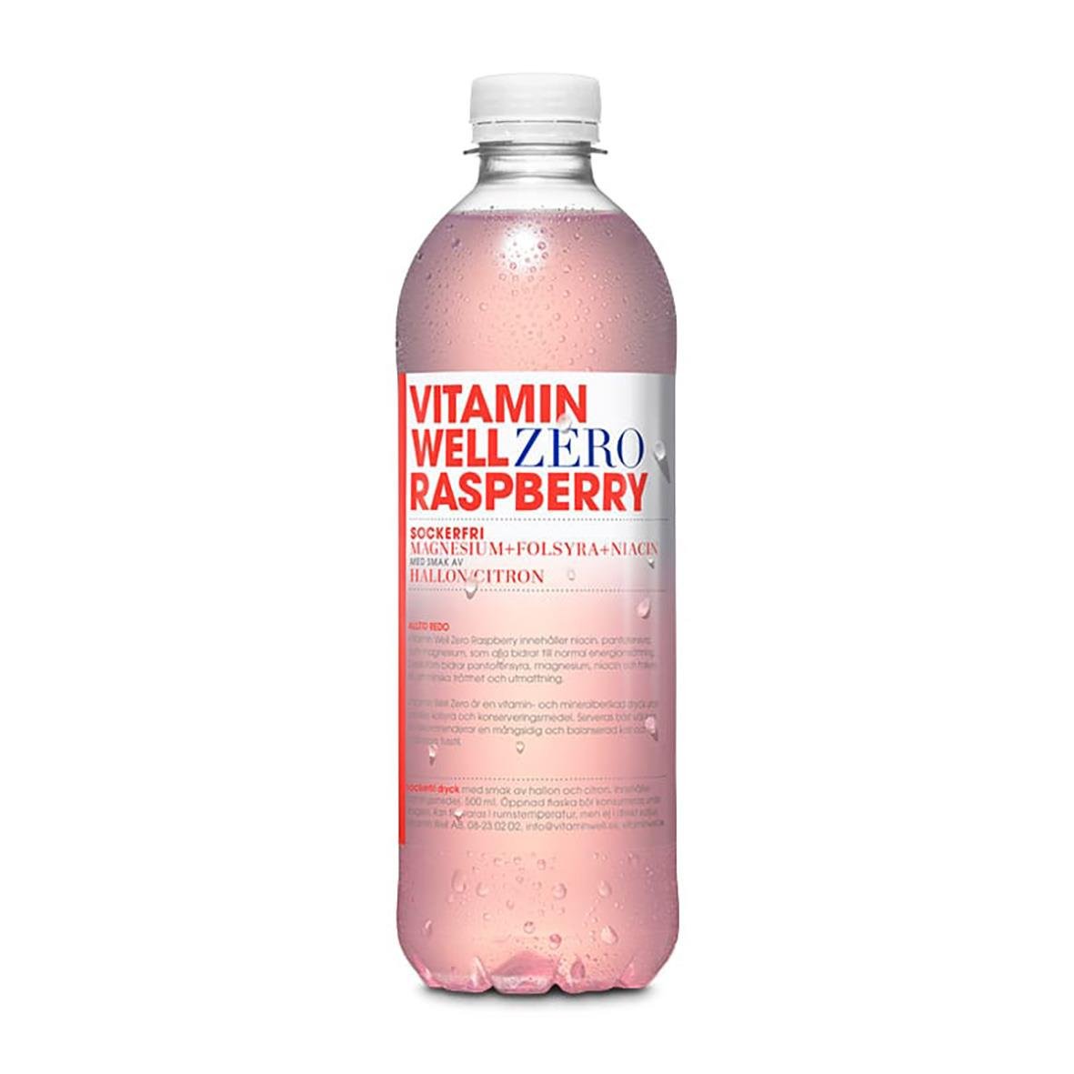 Vitamin Well Zero Raspberry dryck i 50cl flaska med vitt lock och rosa vätska