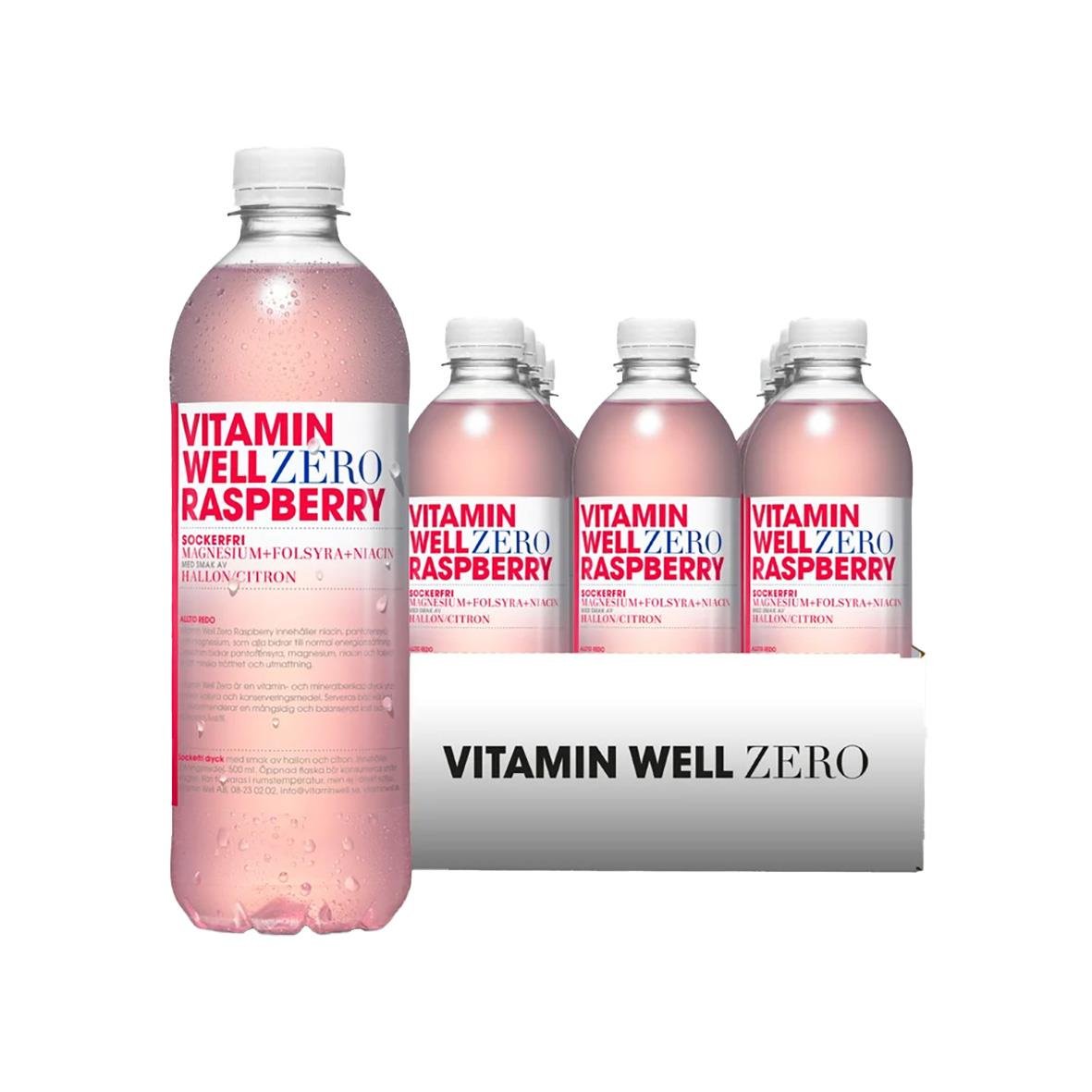 Vitamin Well Zero Raspberry dryck i 50cl flaska med vitt lock och rosa vätska