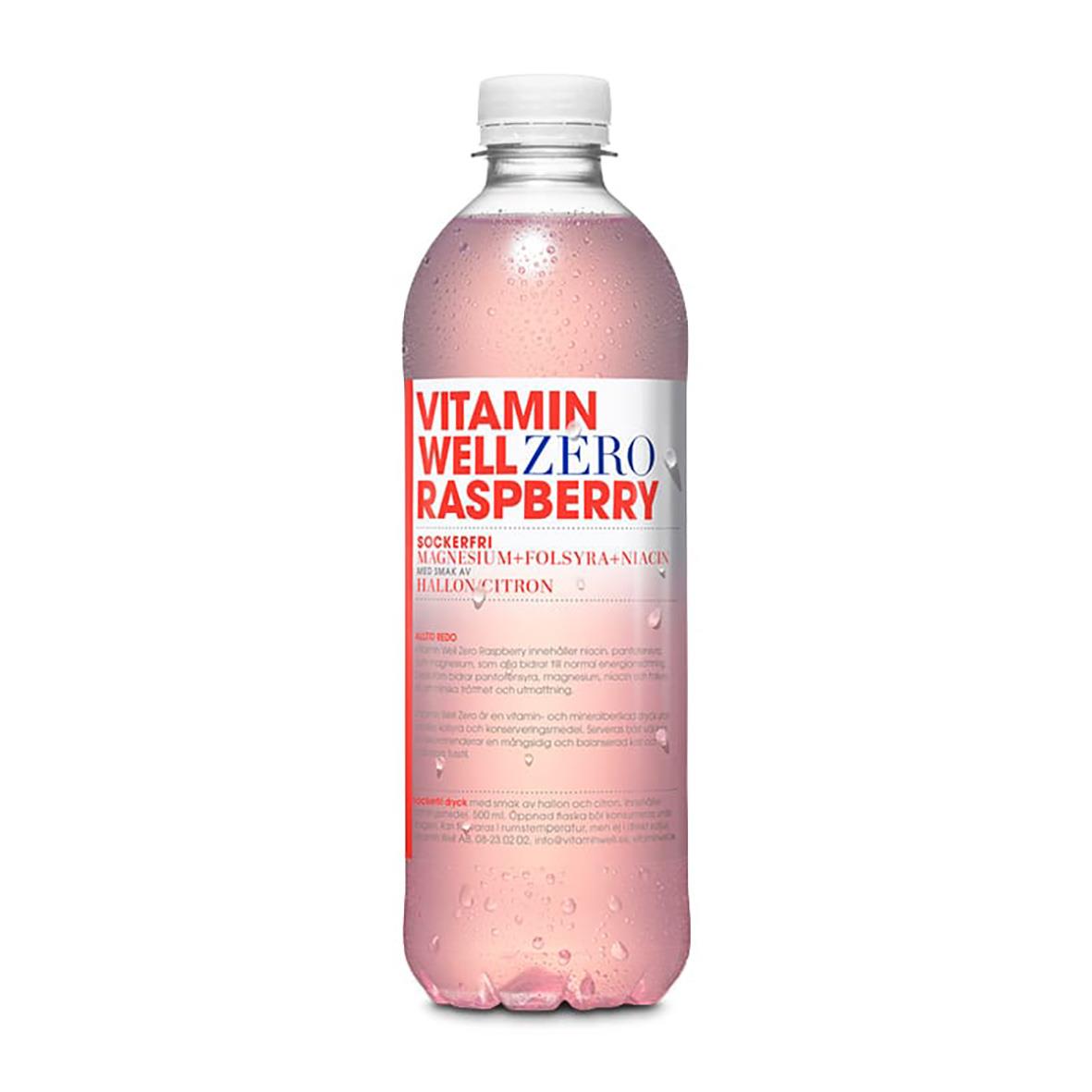 Vitamin Well Zero Raspberry dryck i 50cl flaska med vitt lock och rosa vätska