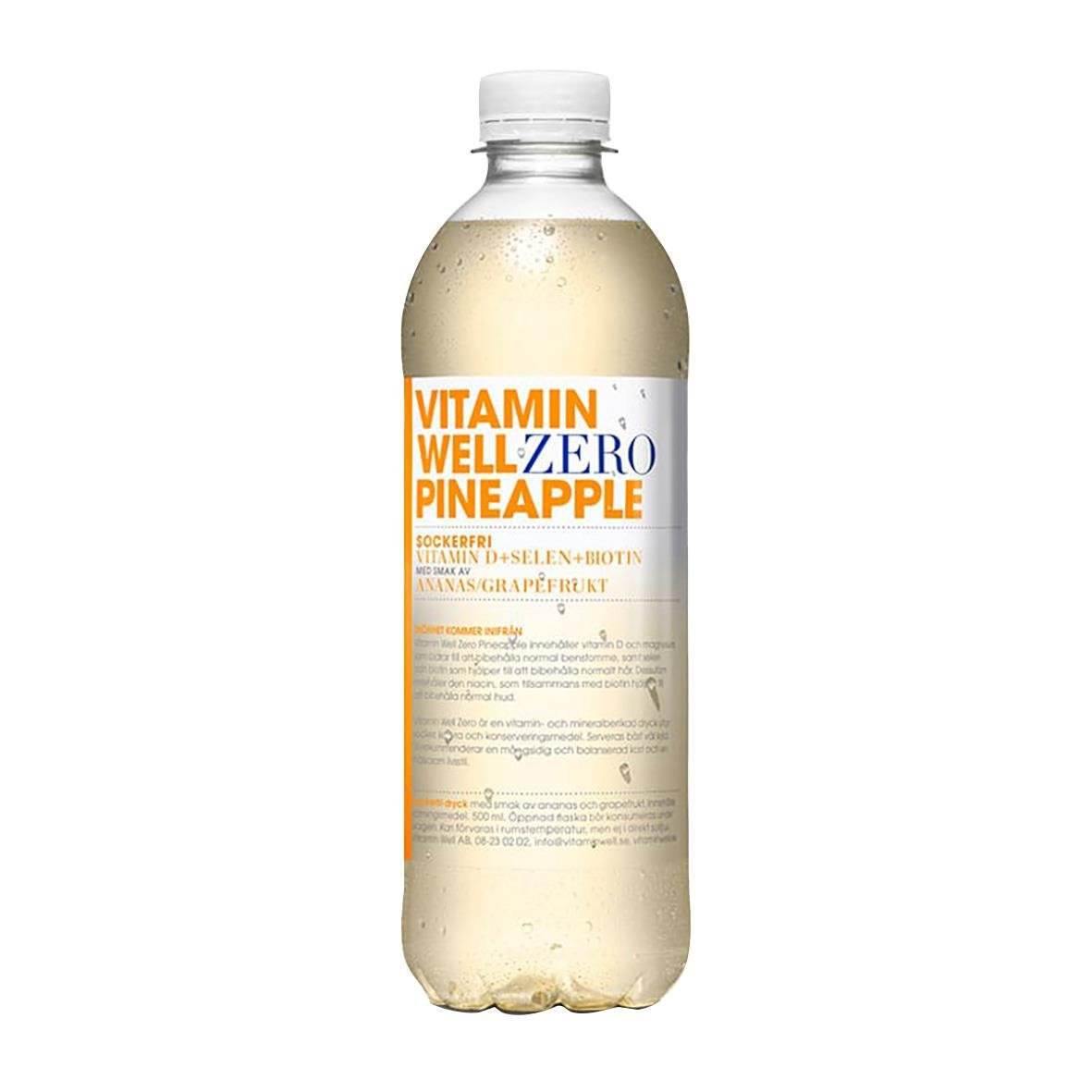 Vitamin Well Zero Pineapple dryck i 50cl flaska med vit och orange etikett inklusive pant