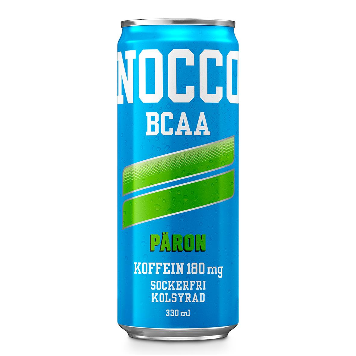 Energidryck Nocco BCAA Päron 33cl med gröna och blåa design, koffein 180 mg, sockfri och kolsyra