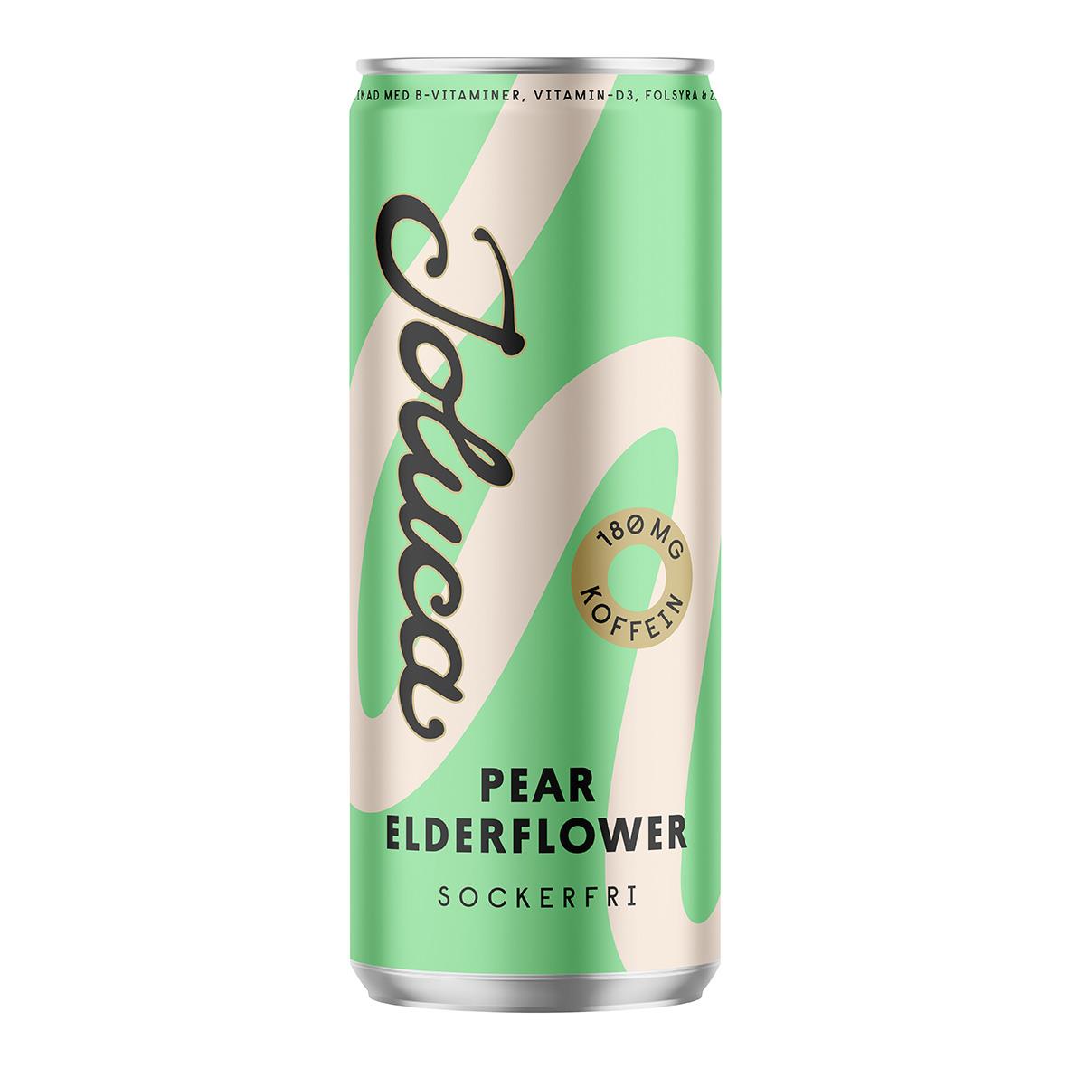 Energidryck Joluca Pear Elderflower 33cl i burk med grönt och vitt design, inkluderar pant