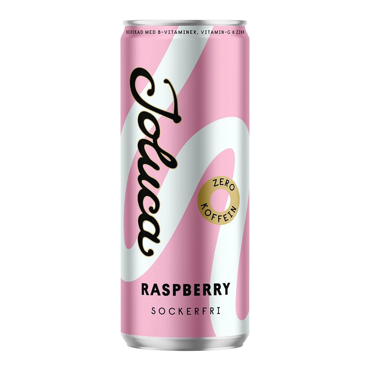 Energidryck Joluca Raspberry 33cl med pant, rosa burk med svart text och gul etikett