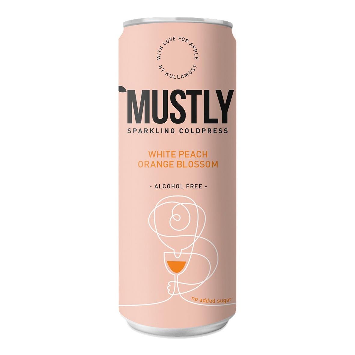 Mustly White Peach alkoholfria dryck i 33cl burk med orange blomma och glasillustration