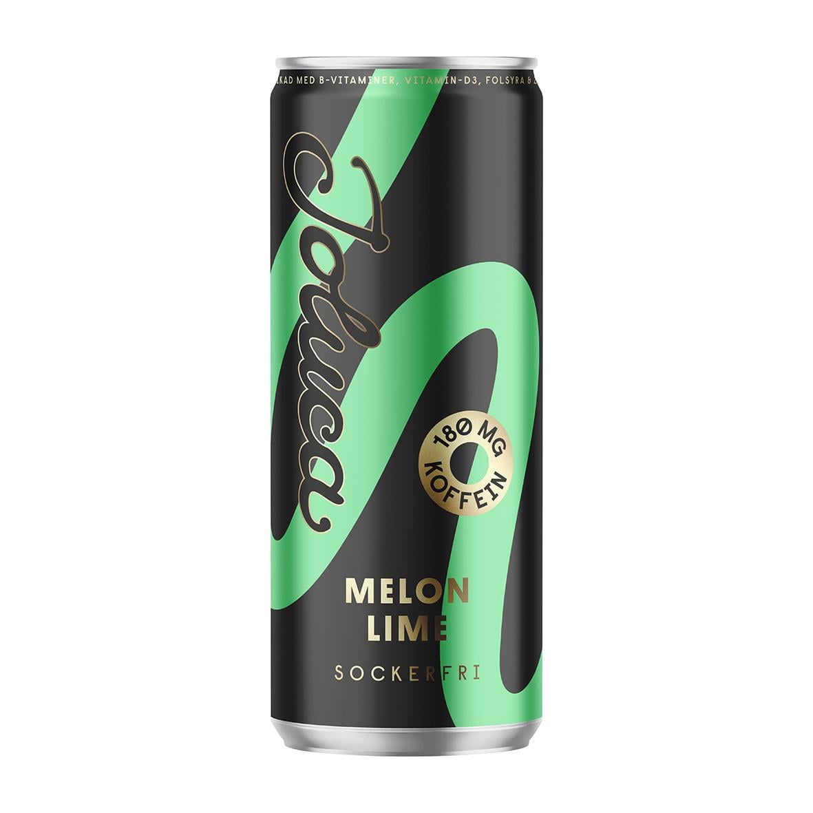 Energidryck Joluca Melon Lime 33cl utan pant, svart burk med gröna och vita detaljer