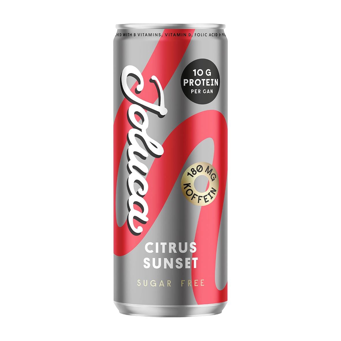 Energidryck Joluca Protein Citrus Sunset 33cl utan pant, med 10g protein per kan, sockerfri, vitamin D och folsyra